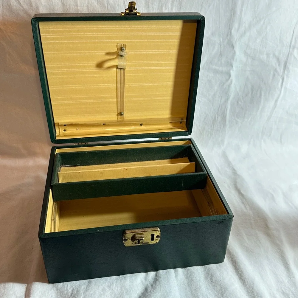 Vintage Jewelry Box Forest Green Good Faux Leather Brass Latch Top Handle Case